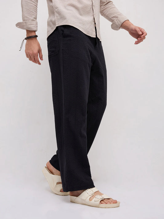 Luxe Black Seersucker Striped Straight Fit Trousers