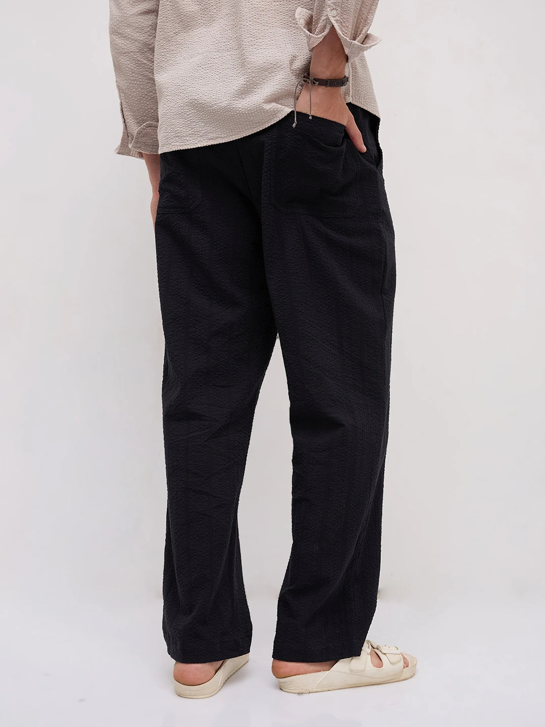 Luxe Black Seersucker Striped Straight Fit Trousers