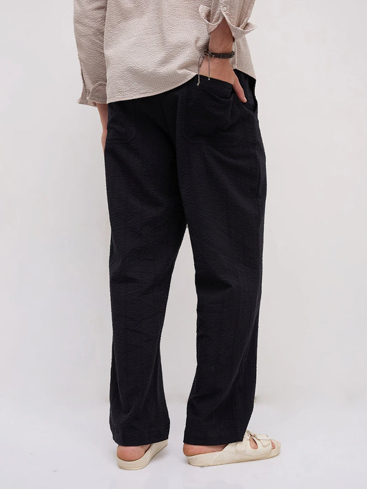 Luxe Black Seersucker Striped Straight Fit Trousers