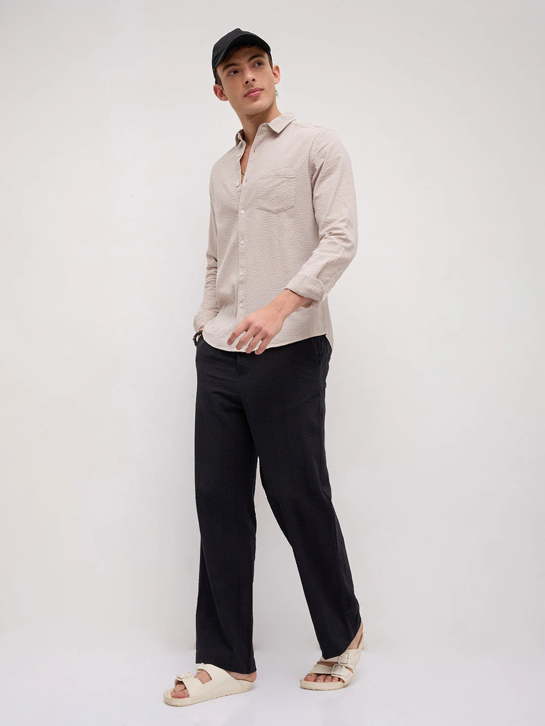 Luxe Black Seersucker Striped Straight Fit Trousers