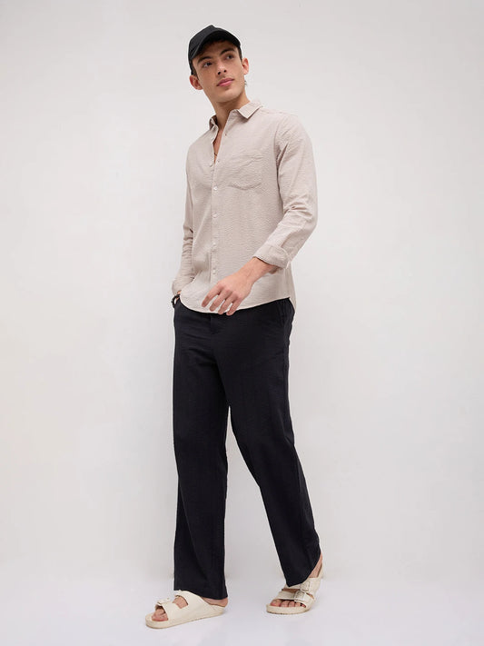 Luxe Black Seersucker Striped Straight Fit Trousers