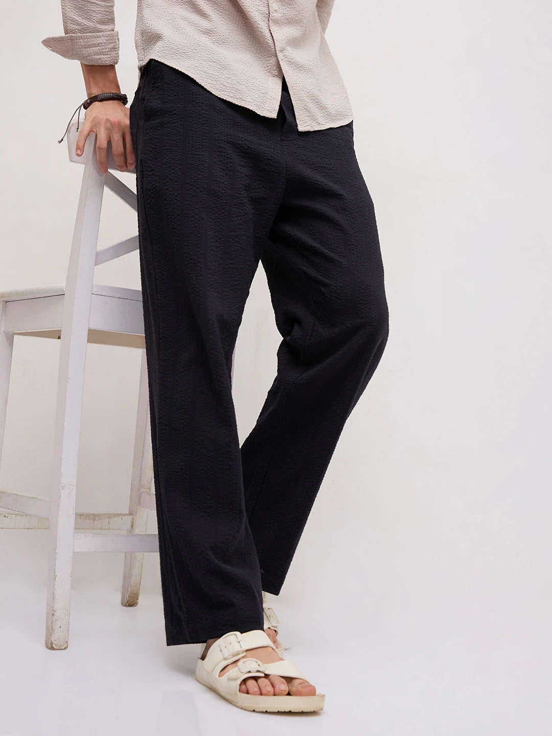 Luxe Black Seersucker Striped Straight Fit Trousers