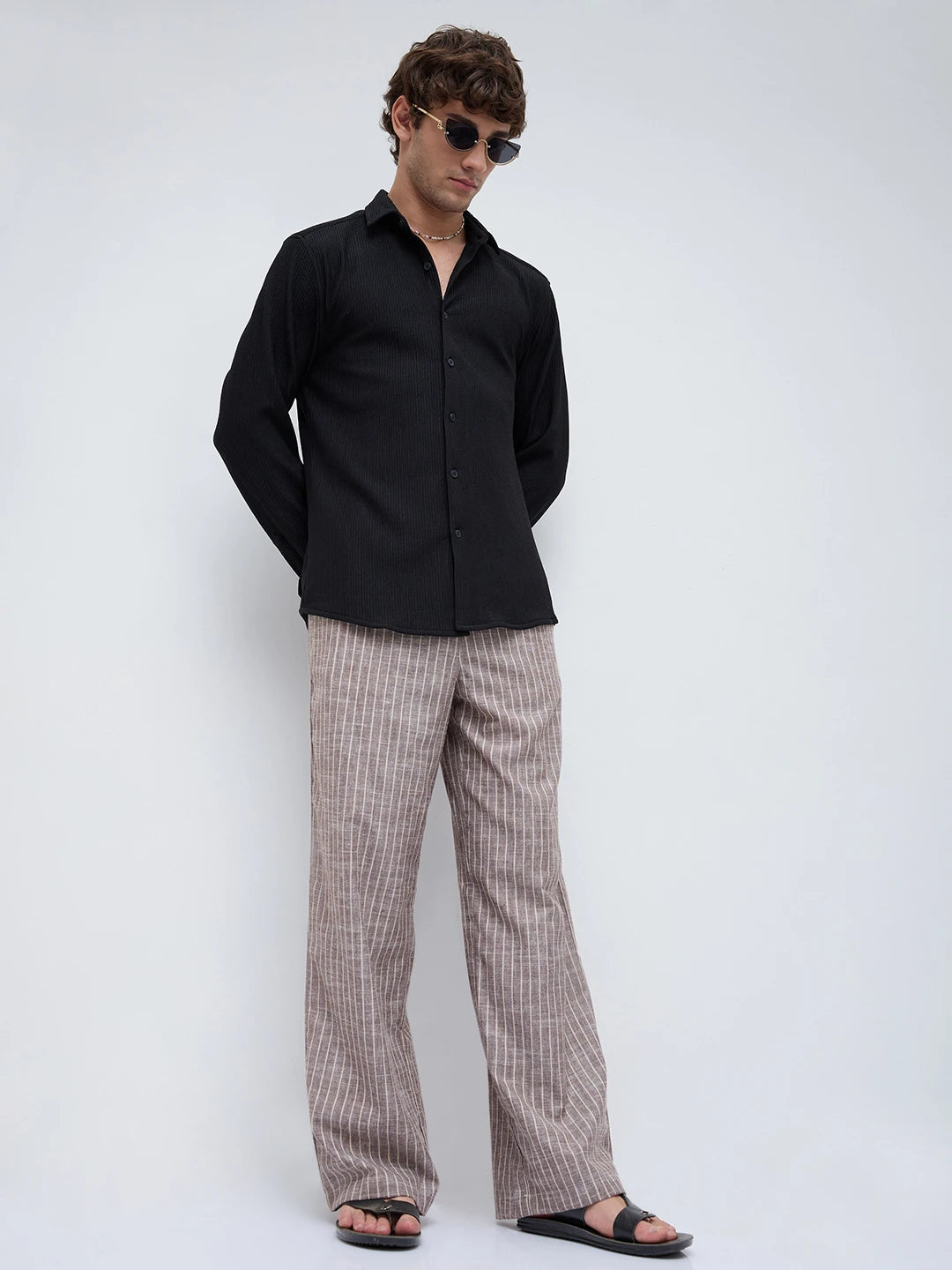 Rich Brown Striped Wide Leg Trousers