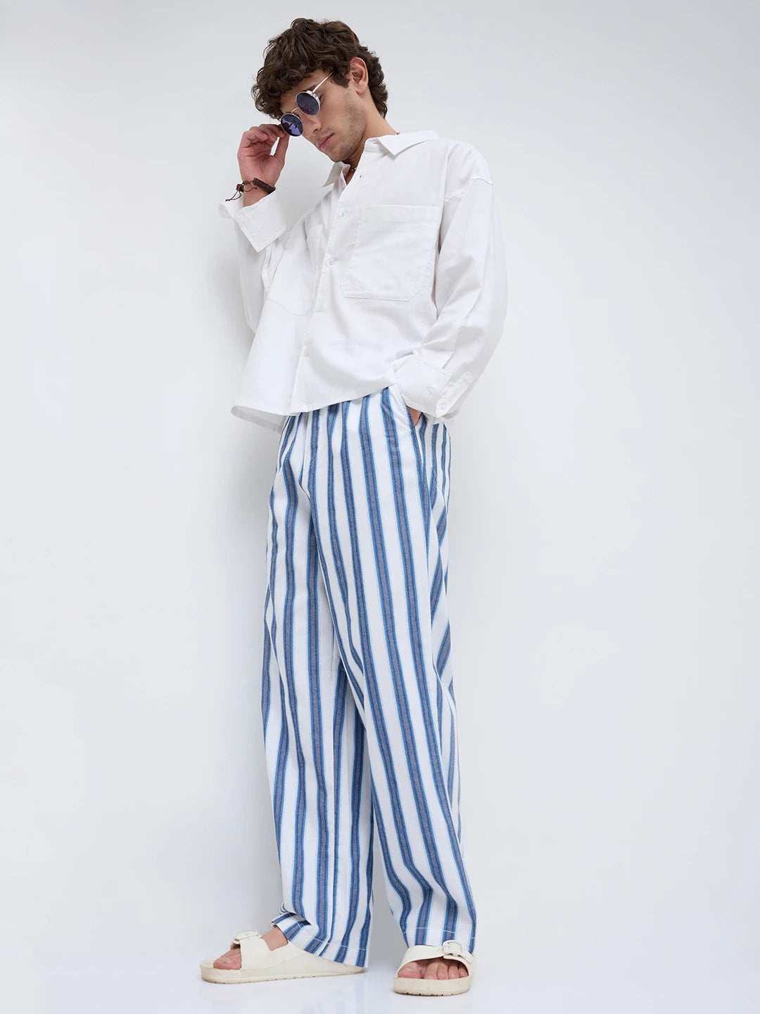 Luxe Denim Striped Straight Fit Trousers