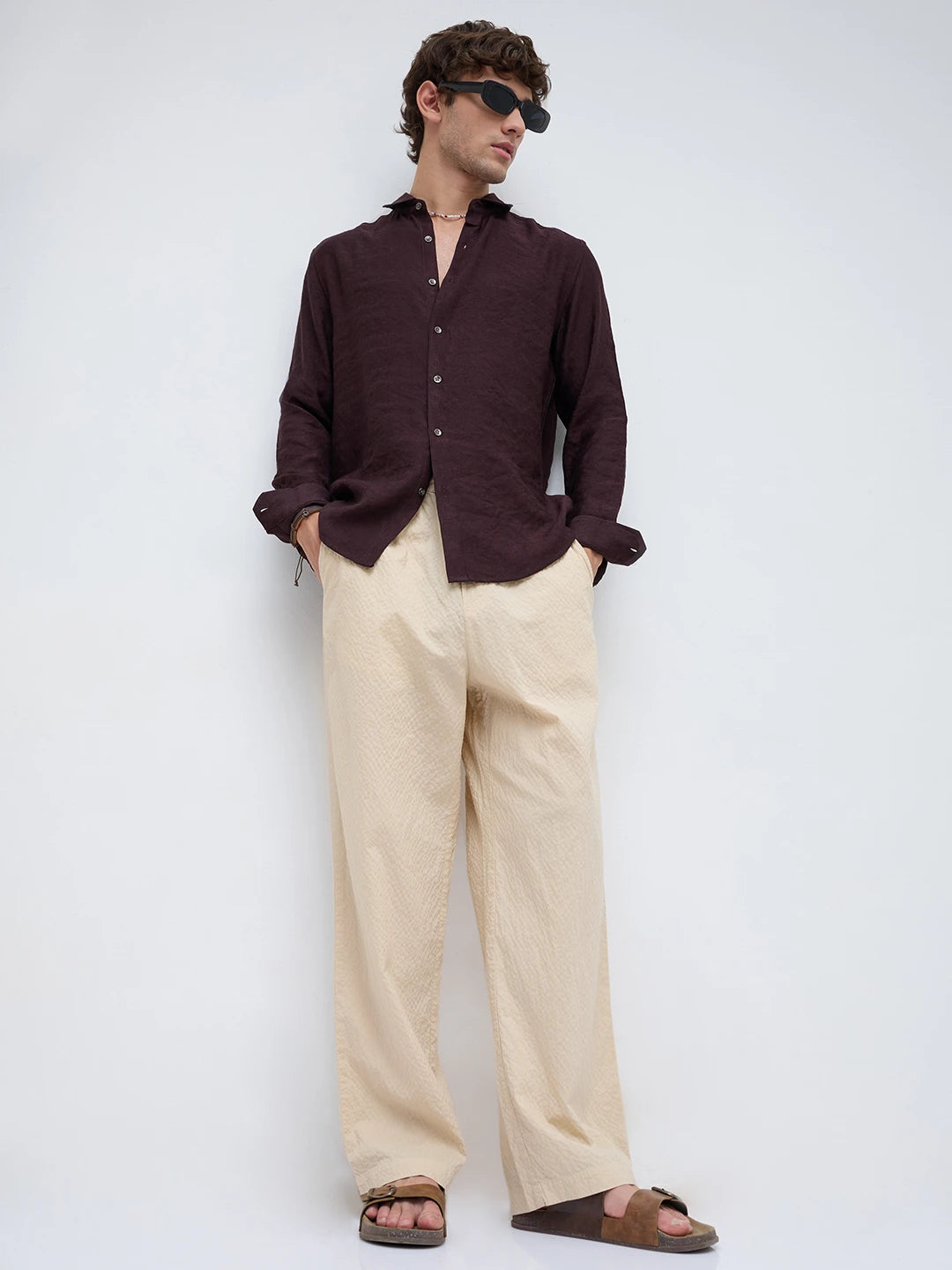 Sand Beige Crinkled Straight Fit Trousers