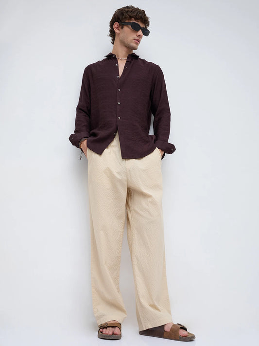 Sand Beige Crinkled Straight Fit Trousers