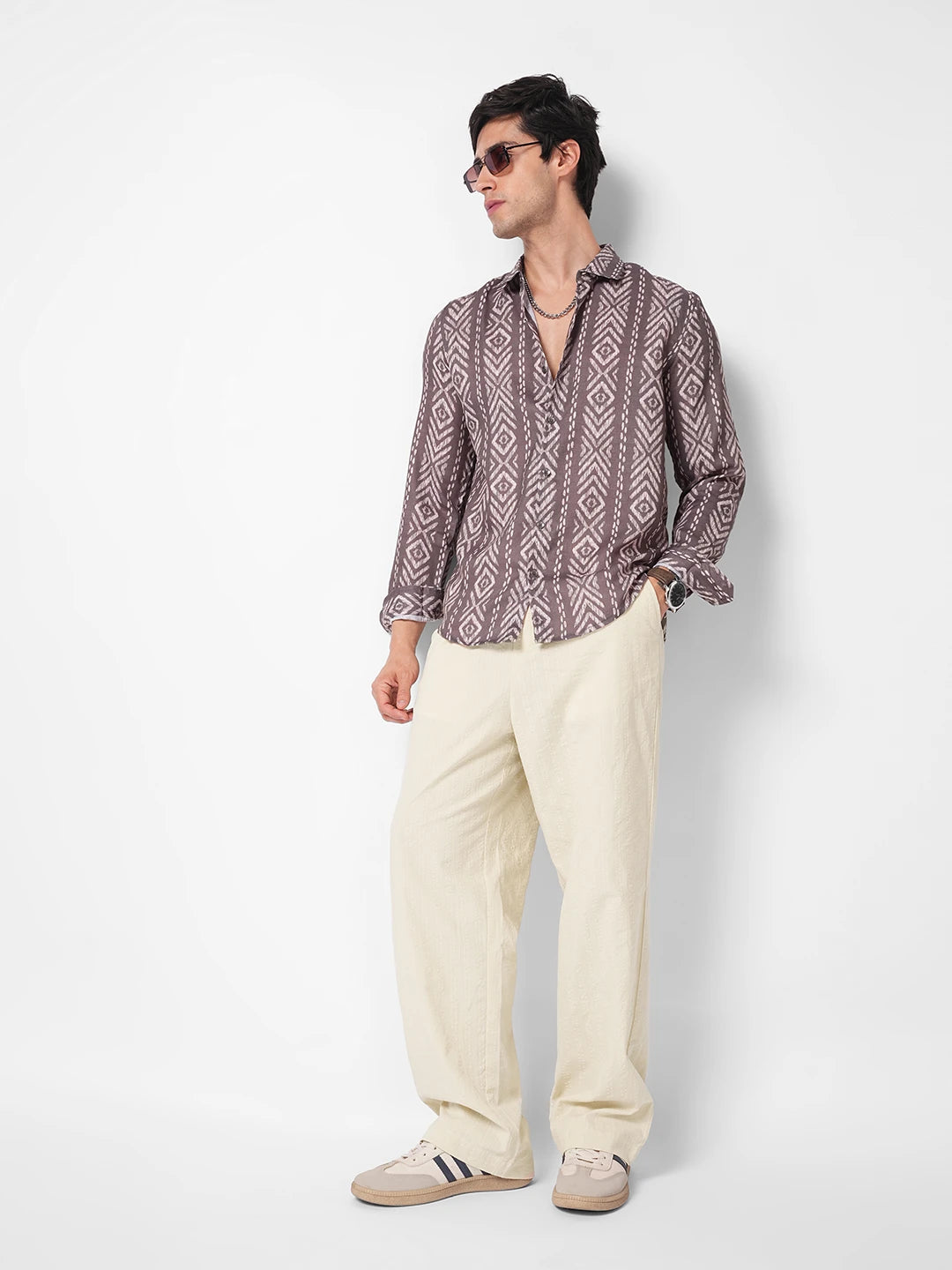 Natural Beige Seersucker Straight Fit Trousers