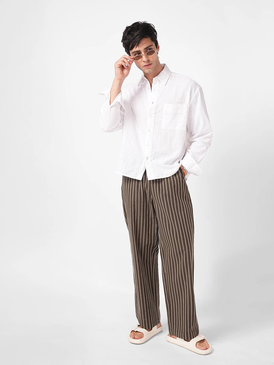 Olive Artisan Fine Embroidered Seersucker Striped Straight Fit Trousers
