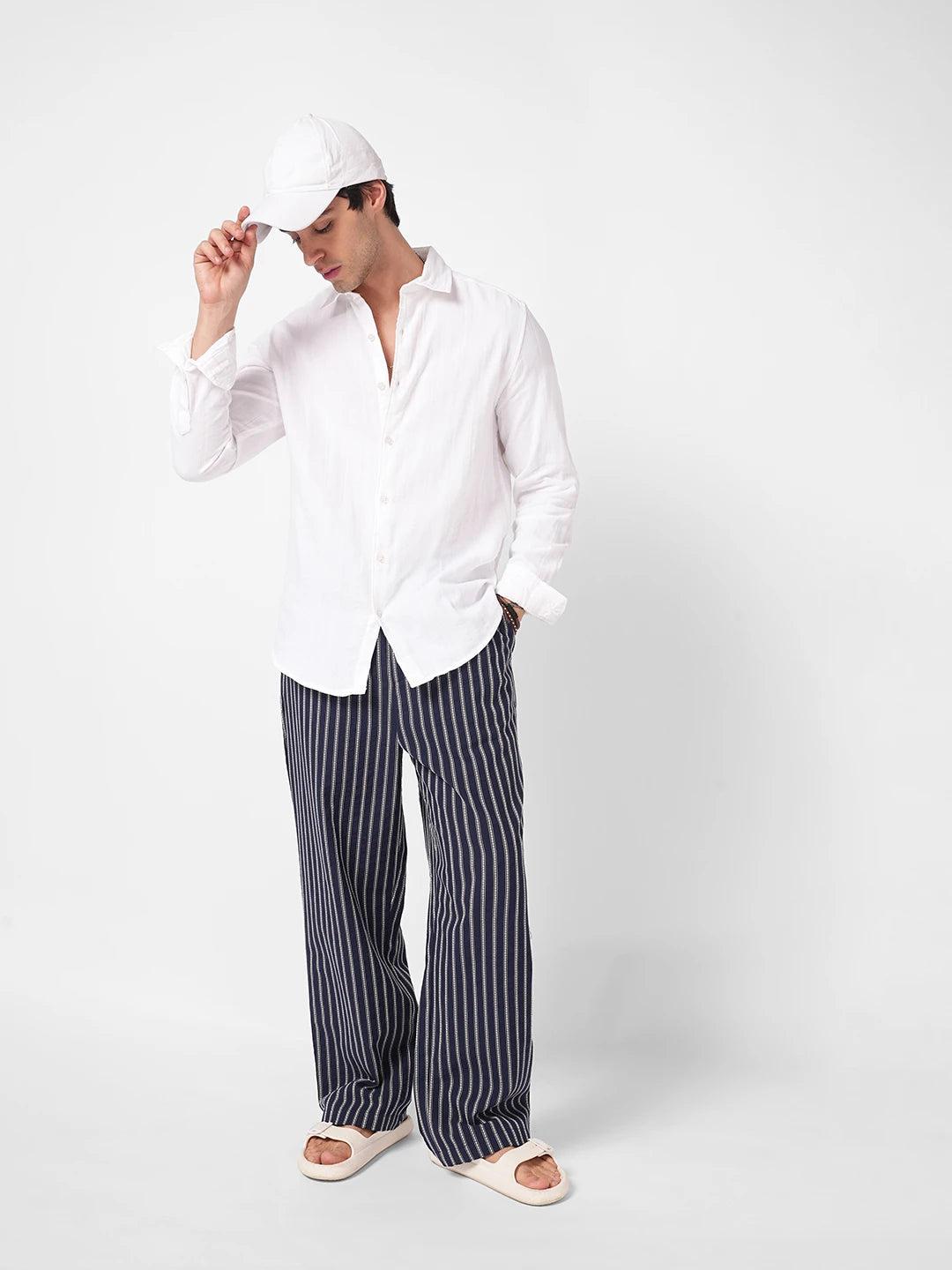 Navy Artisan Fine Embroidered Seersucker Striped Straight Fit Trousers