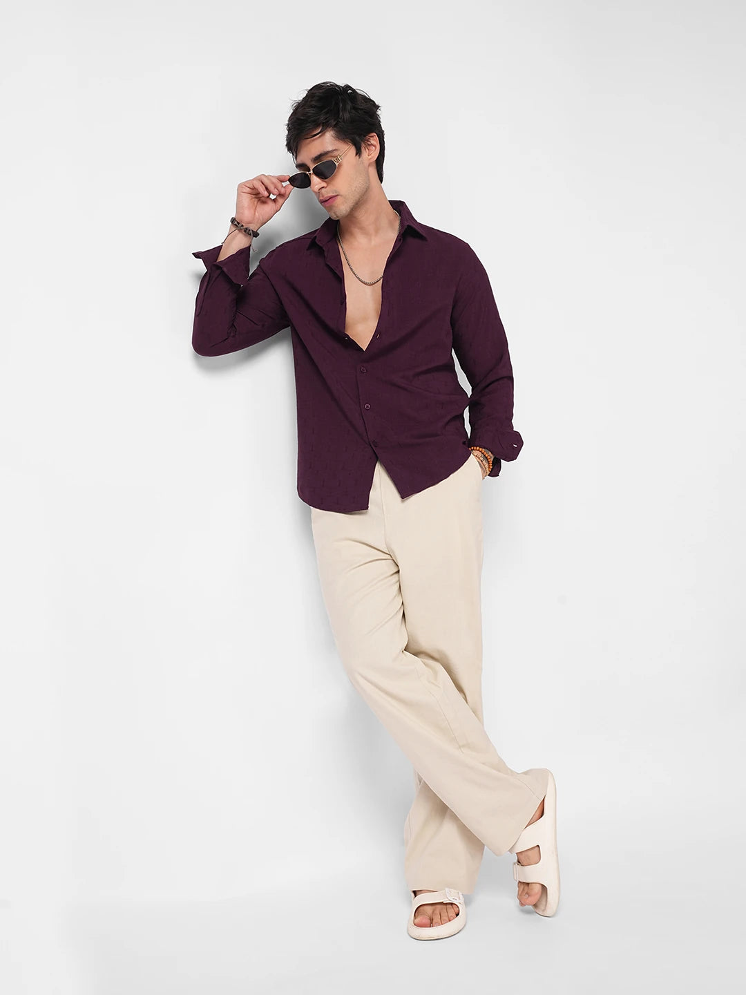 Creamy Beige Slub Weave Straight Fit Trousers