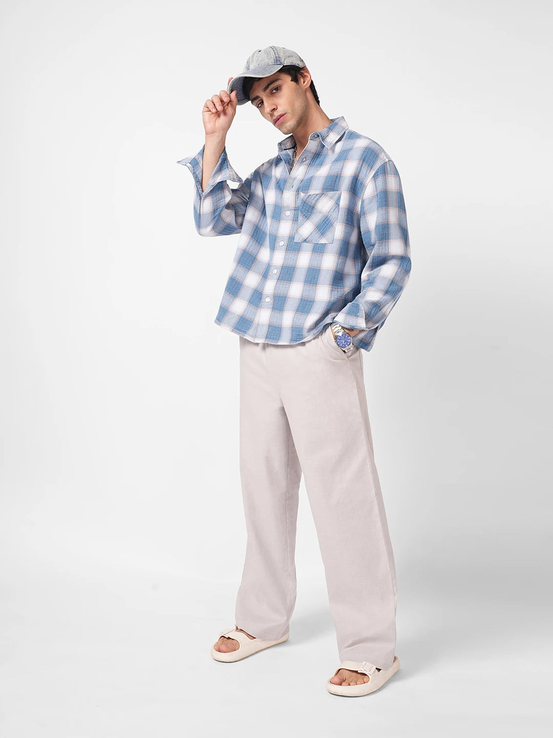 Tea Green Slub Weave Straight Fit Trousers