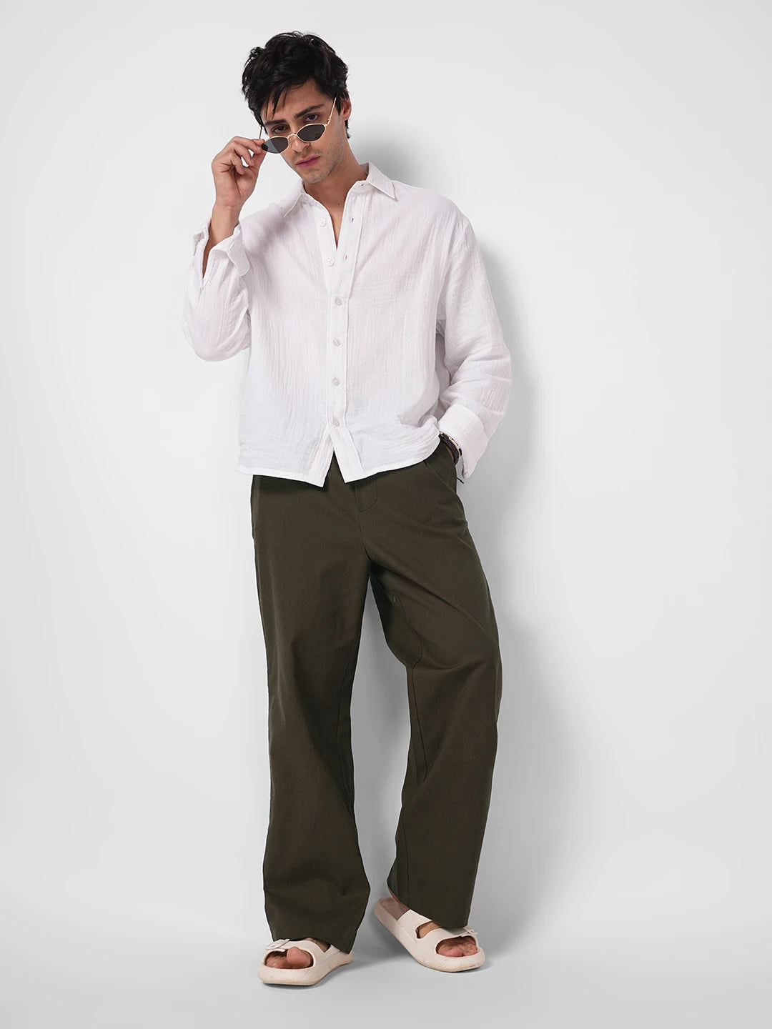Brunette Brown Slub Weave Straight Fit Trousers