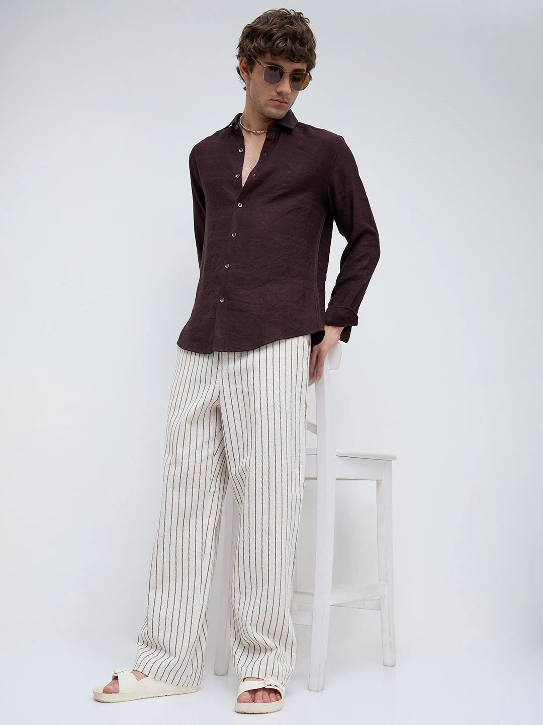 Artistic Ivory & Brown Burlap Striped Straight Fit Trousers