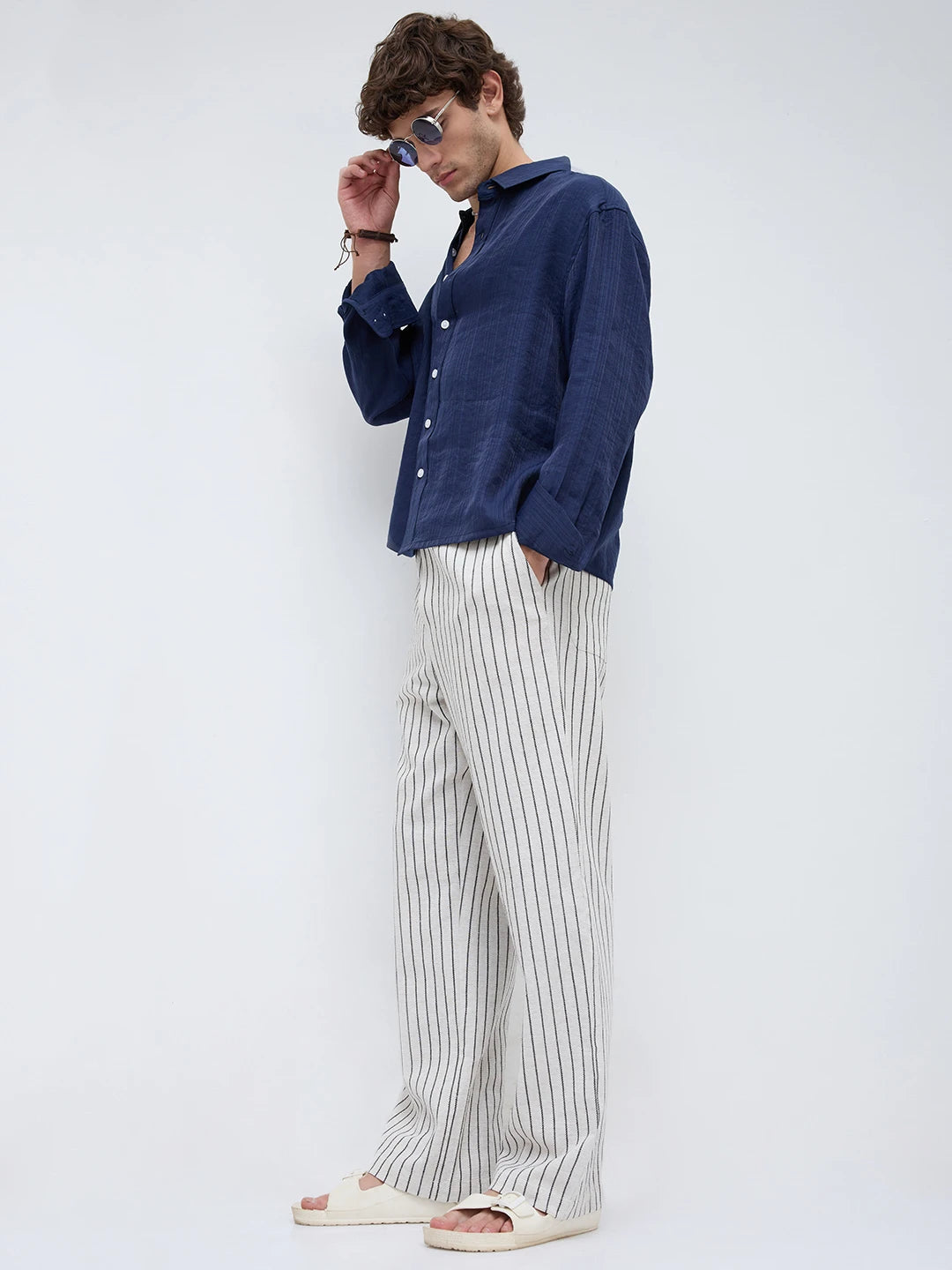 Artistic Ivory & Black Burlap Striped Straight Fit Trousers