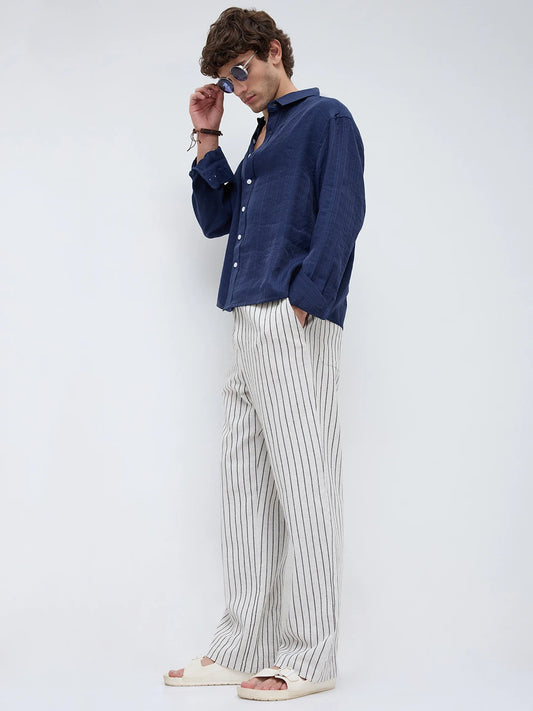 Artistic Ivory & Black Burlap Striped Straight Fit Trousers