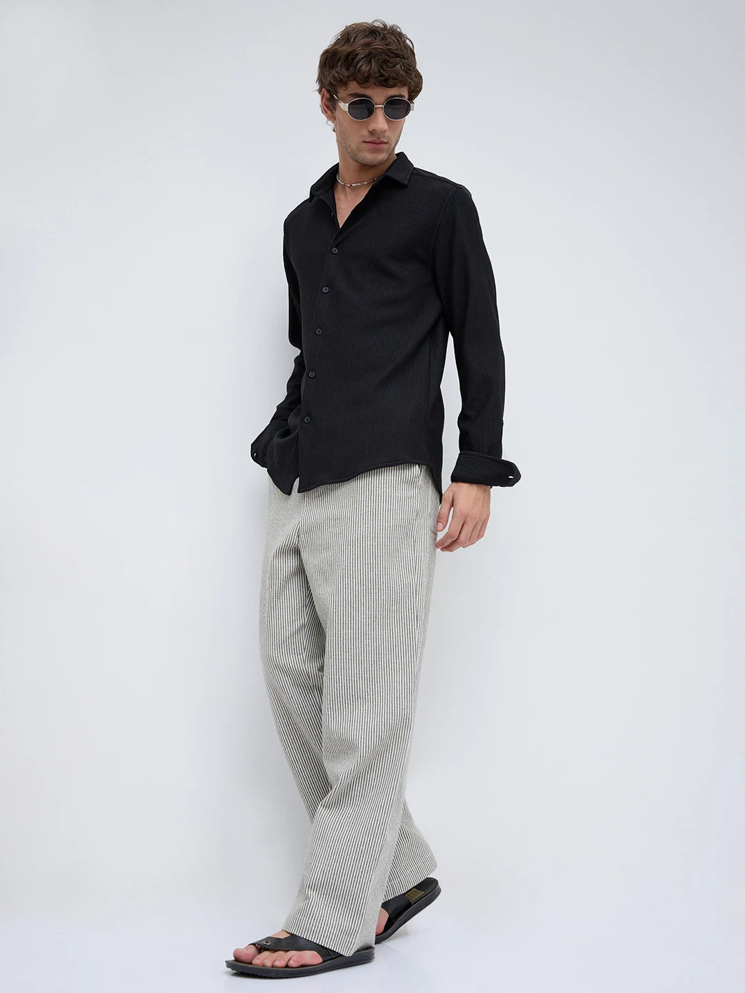 Olive & Off-White Candy Striped Straight Fit Trousers