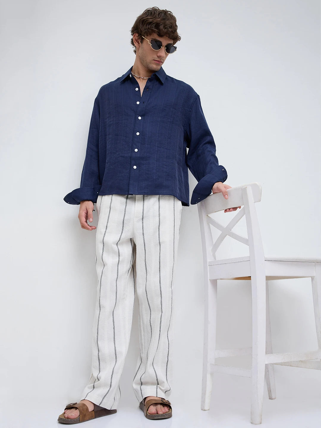 Artisan Off-White Wavy Striped Straight Fit Trousers