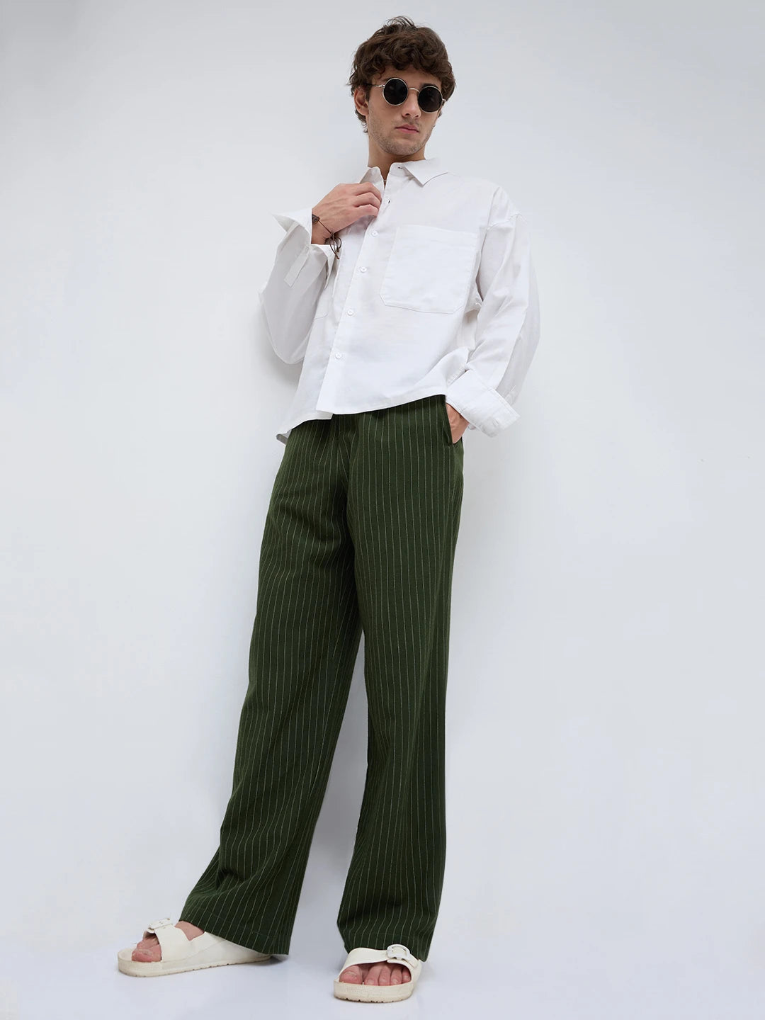Olive Pinstripe Wide Leg Trousers