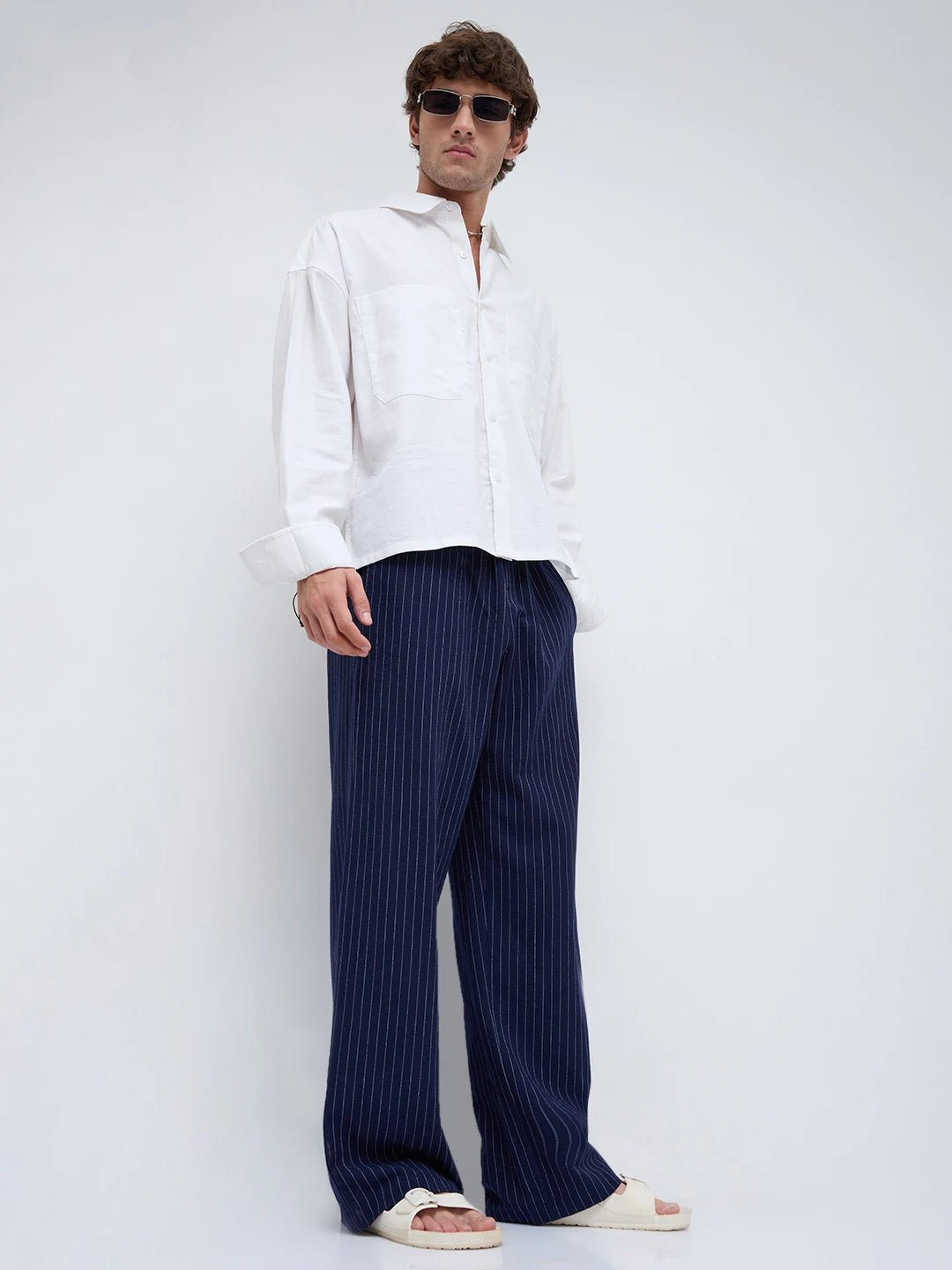 Navy Pinstripe Wide Leg Trousers