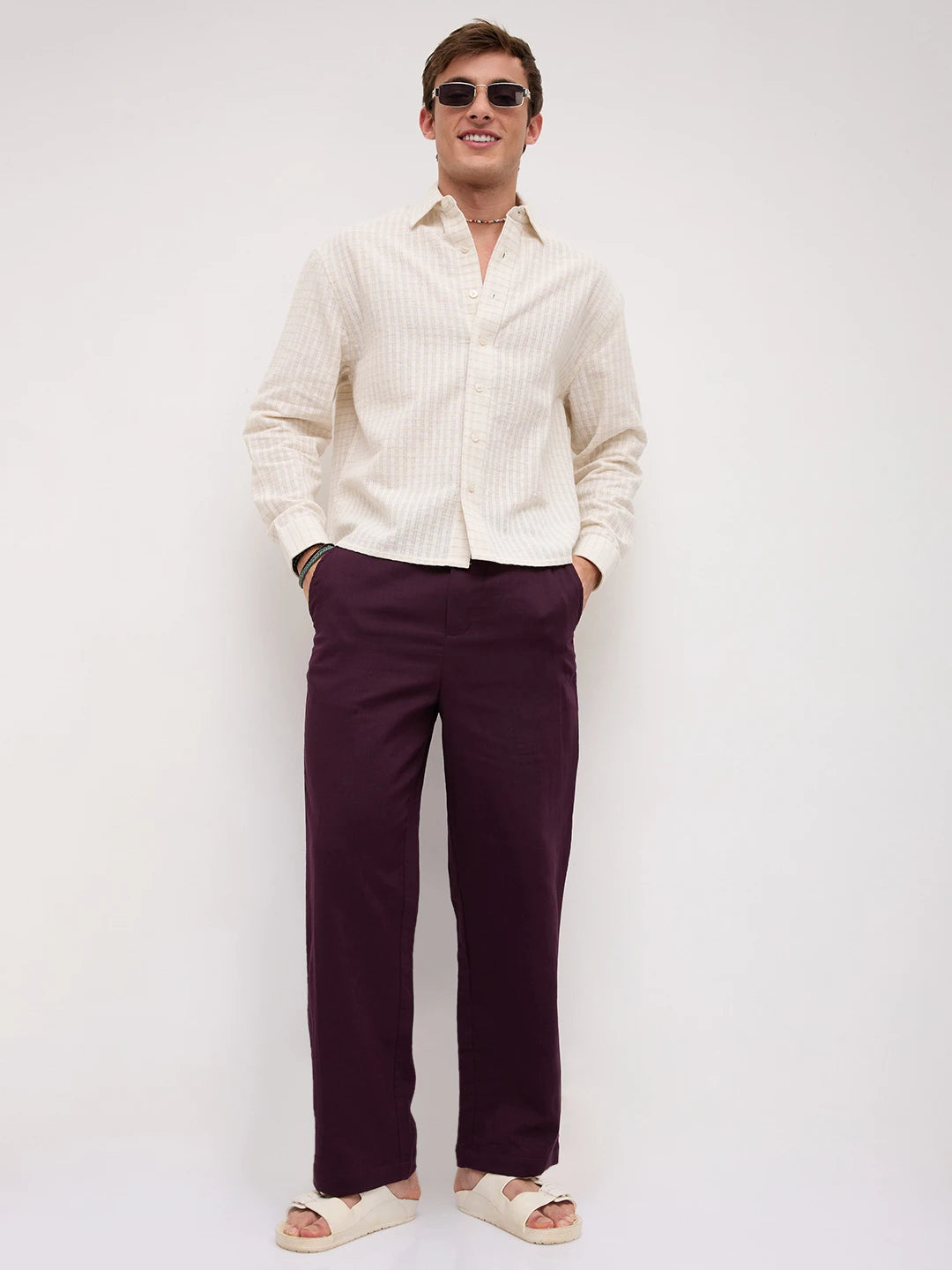 Rich Wine Fine Herringbone Textured Straight Fit Trousers