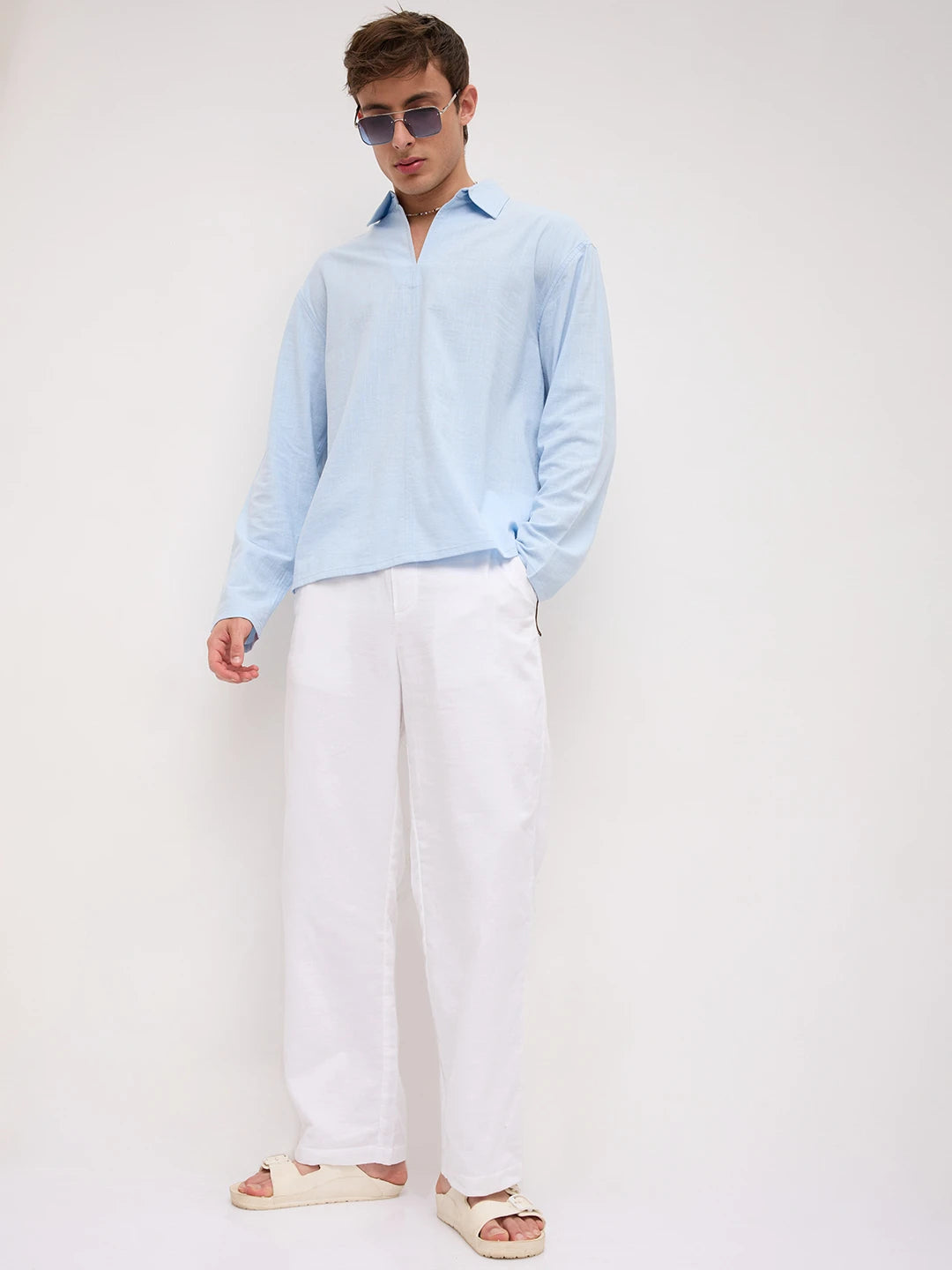 Cloud White Fine Herringbone Textured Straight Fit Trousers