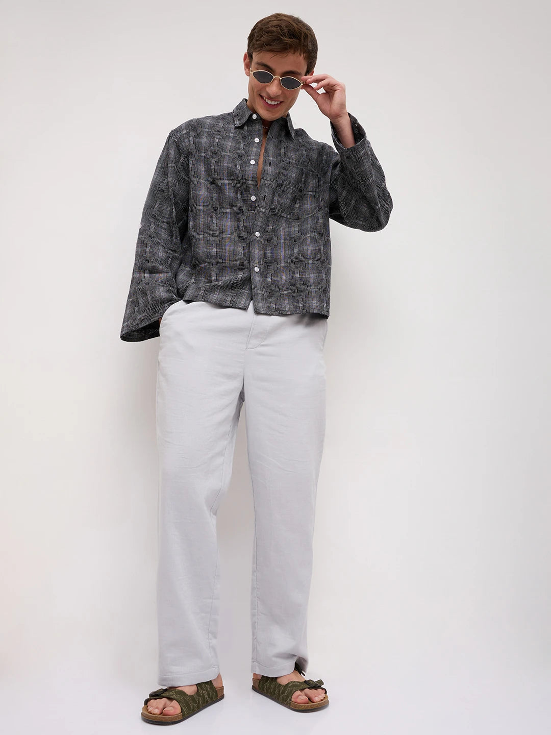 Grey Fine Herringbone Textured Straight Fit Trousers