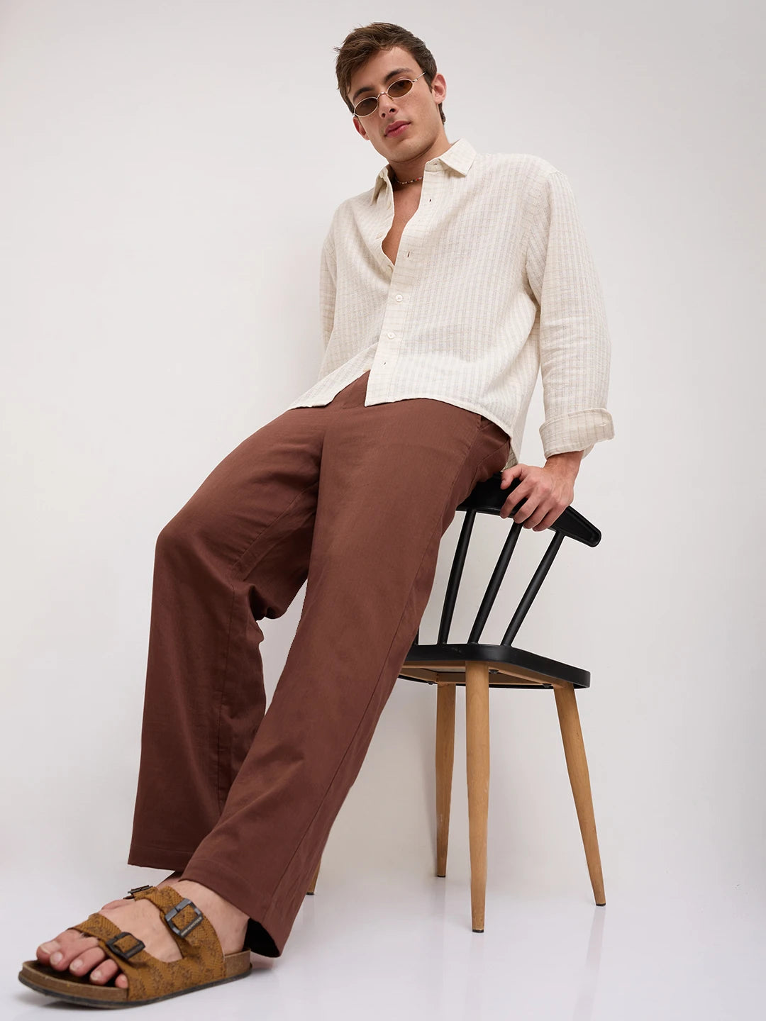 Coffee Brown Fine Herringbone Textured Straight Fit Trousers