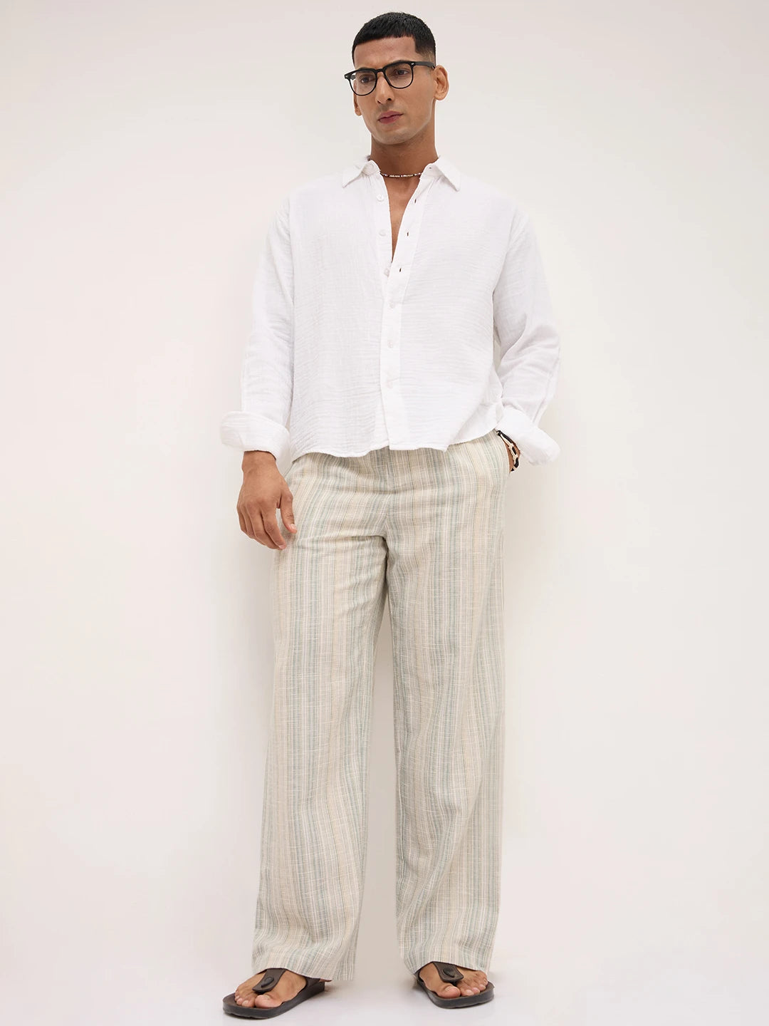 Coastal Breeze Multicolor Slub Striped Wide Leg Trousers