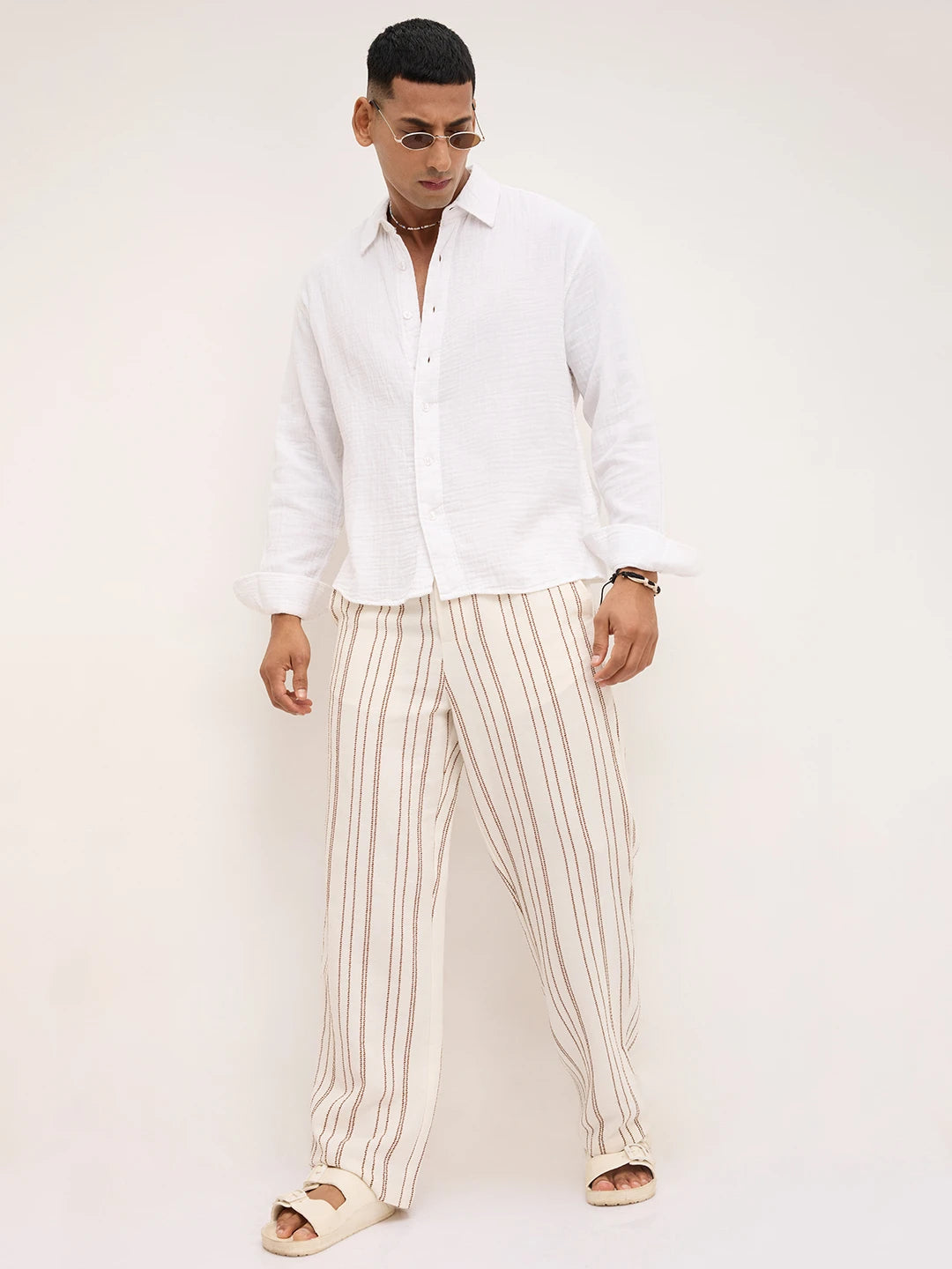 Artistic Off-White Crochet Striped Straight Fit Trousers