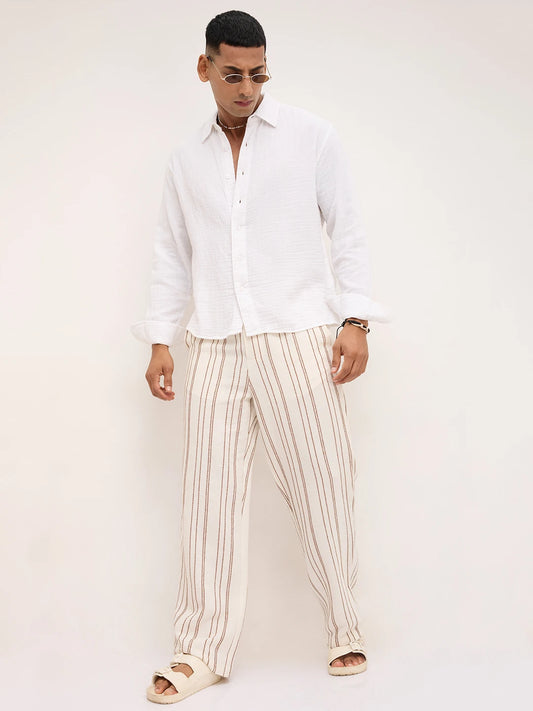 Artistic Off-White Crochet Striped Straight Fit Trousers