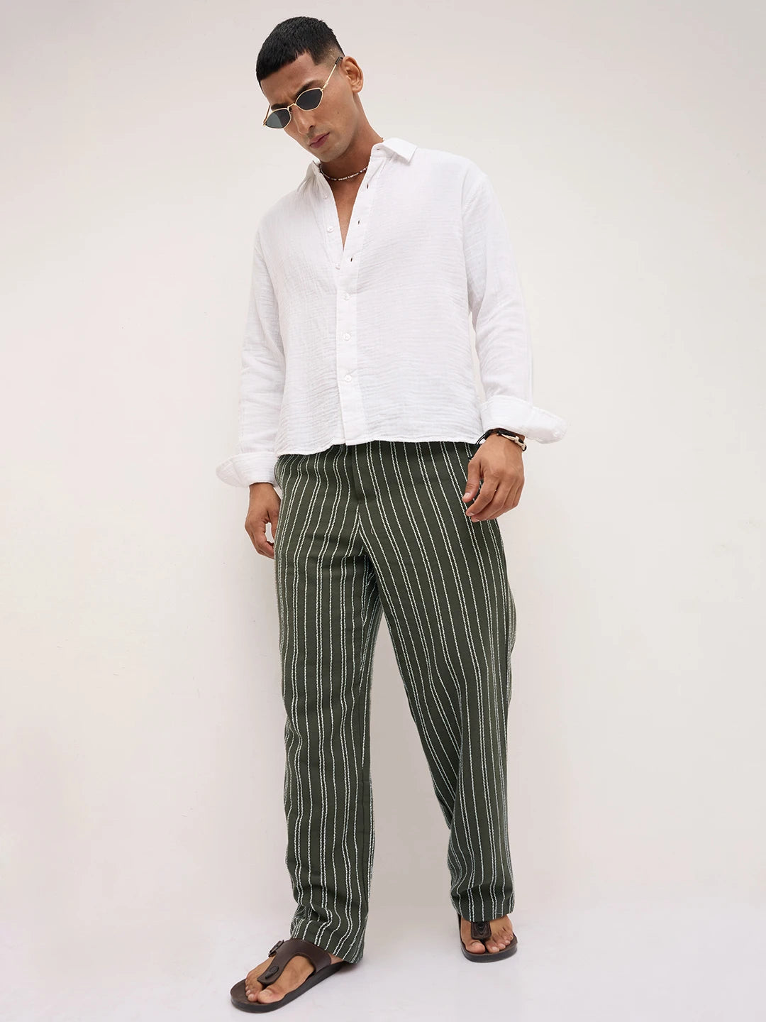 Artistic Olive Crochet Striped Straight Fit Trousers