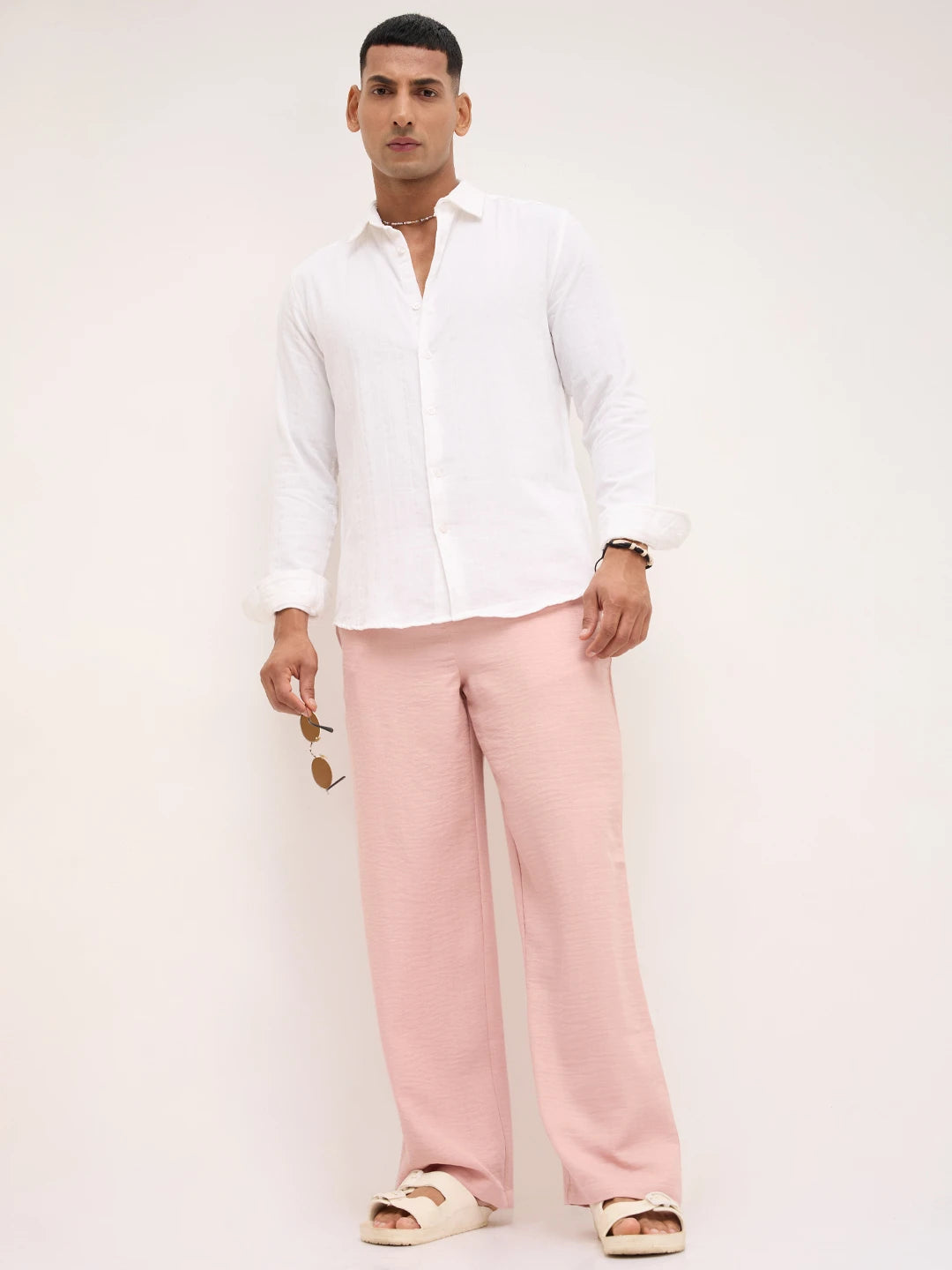Elegant Champagne Pink Crinkled Wide Leg Trousers