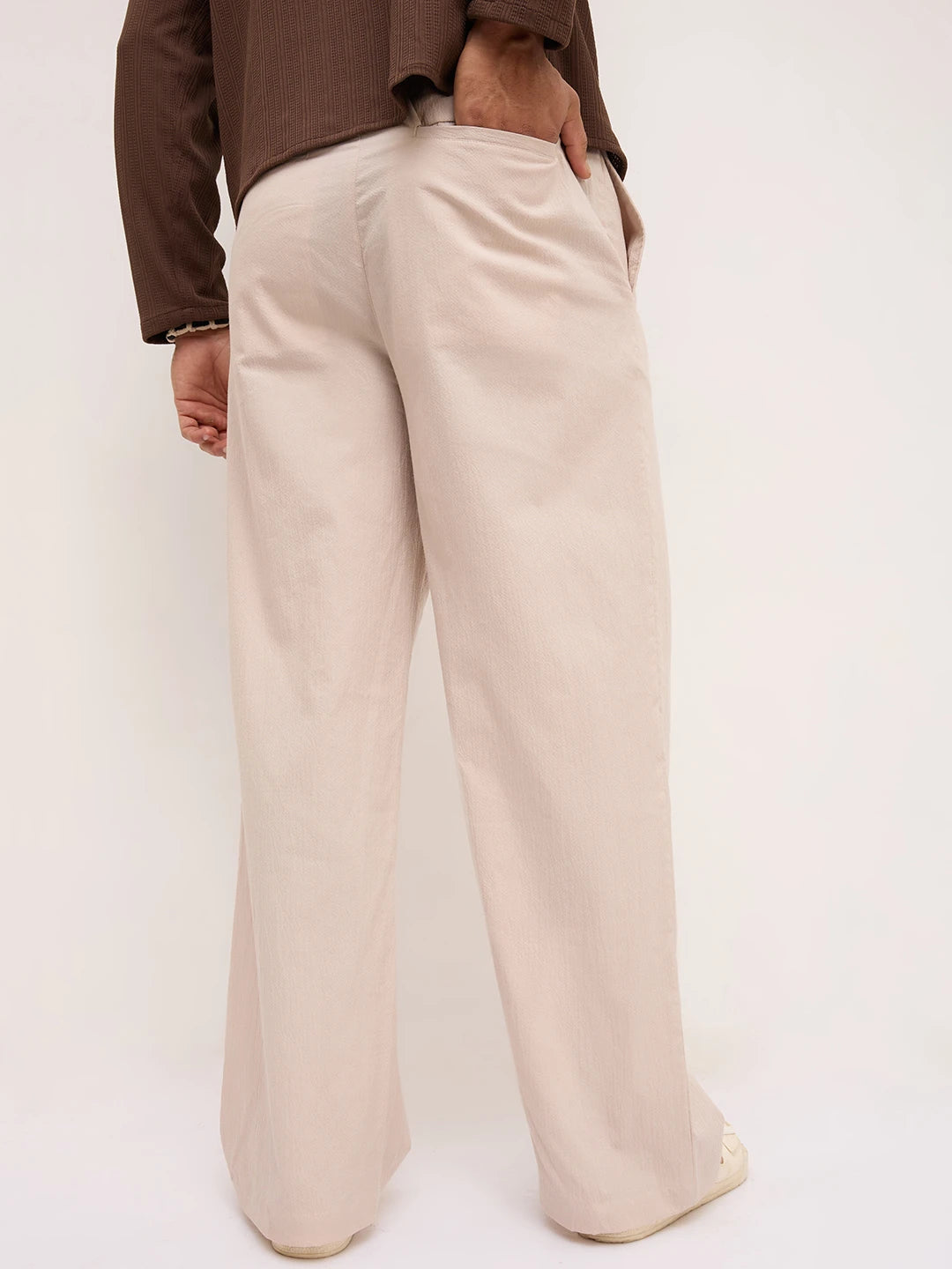 Sand Beige Fine Textured Wide Leg Trousers