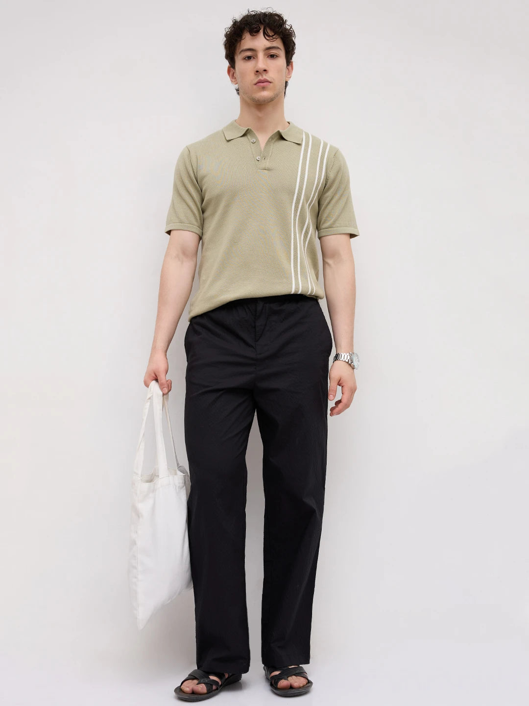 Black Fine Textured Wide Leg Trousers
