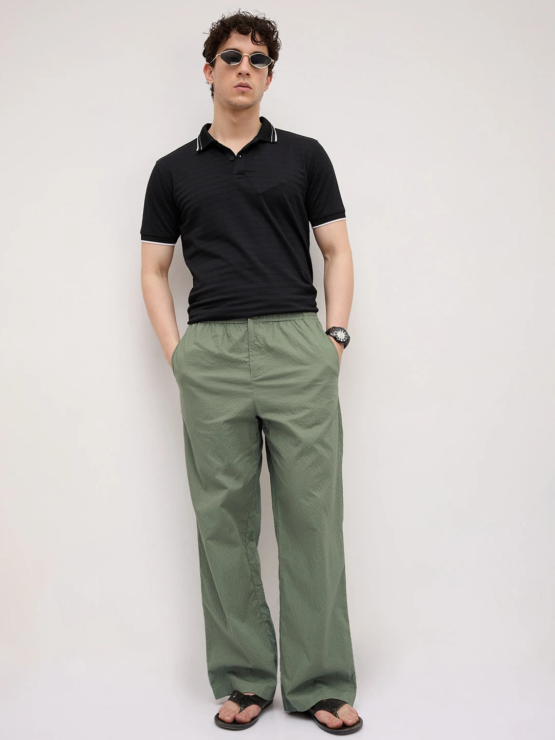 Sage Green Fine Textured Wide Leg Trousers