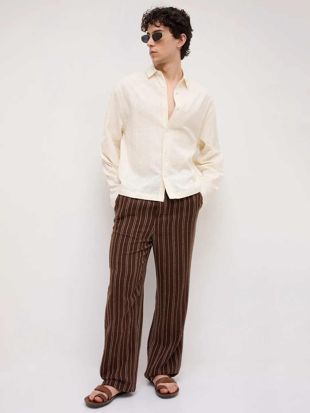 Intricate Coffee Brown Striped Straight Leg Trousers