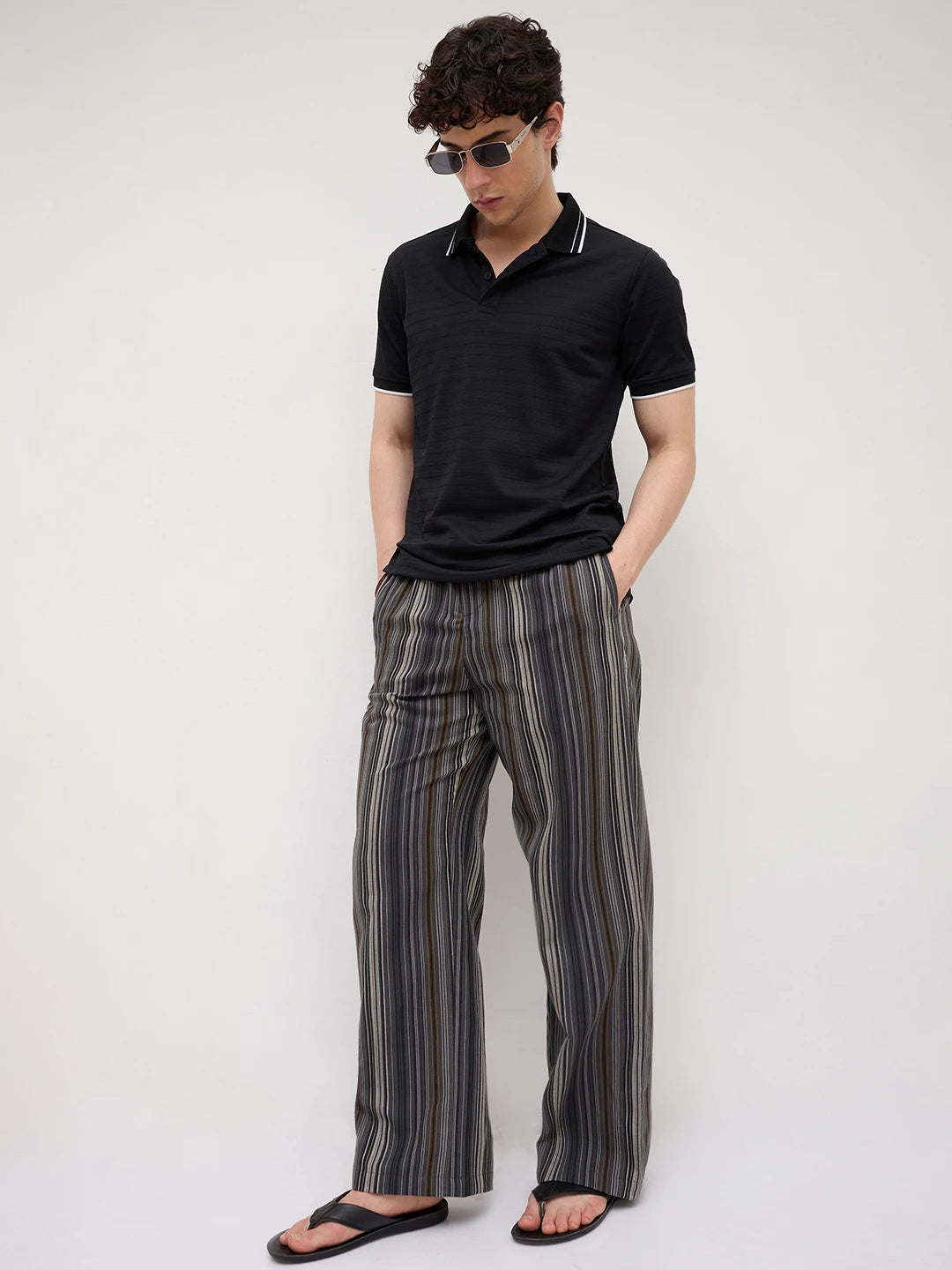 Graphite Grey Multi- Striped Wide Leg Trousers