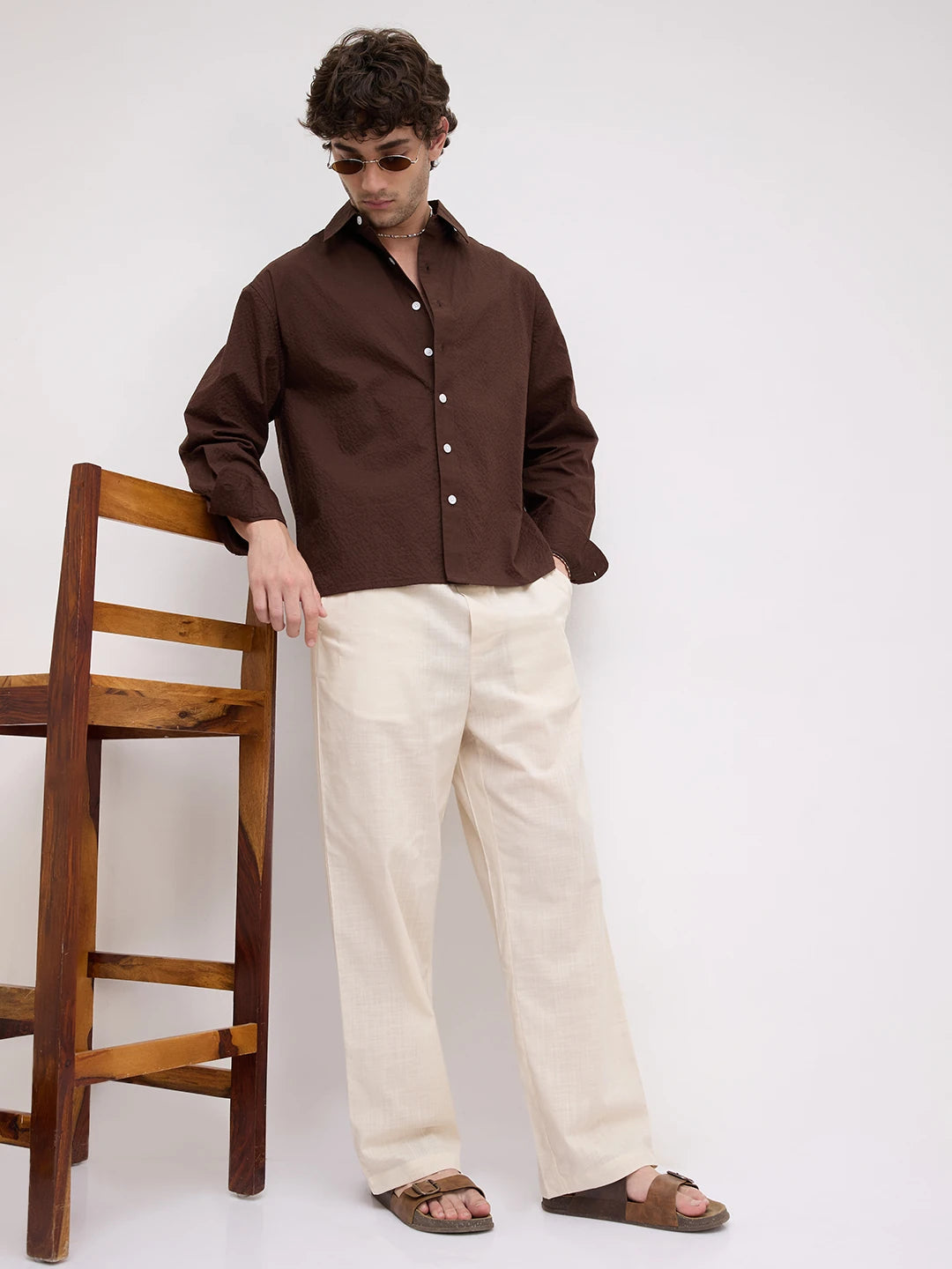 Bisque Beige Sheer Slub Textured Straight Fit Trousers