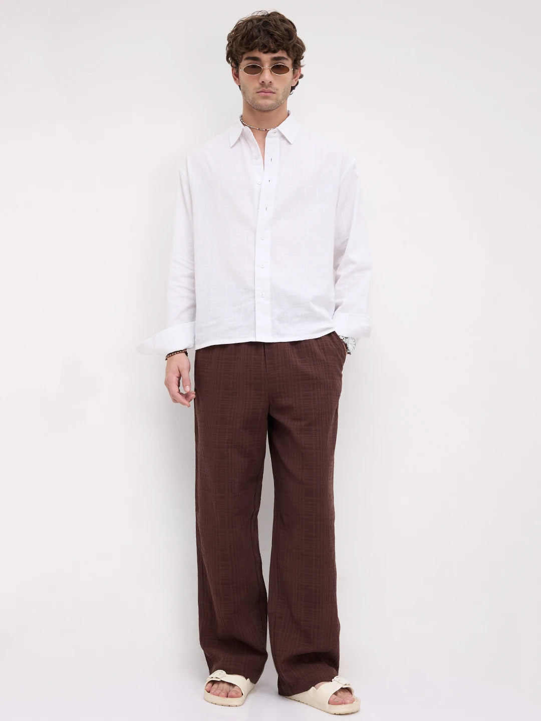 Coffee Brown Double Cloth Embossed Straight Fit Trousers