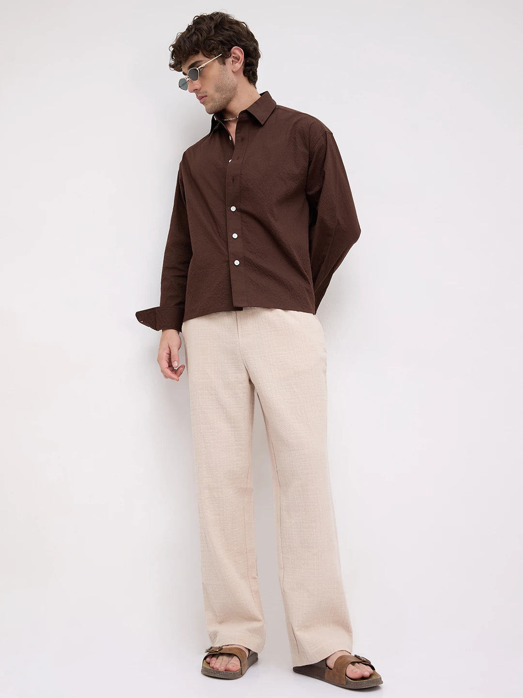 Sand Beige Double Cloth Embossed Straight Fit Trousers