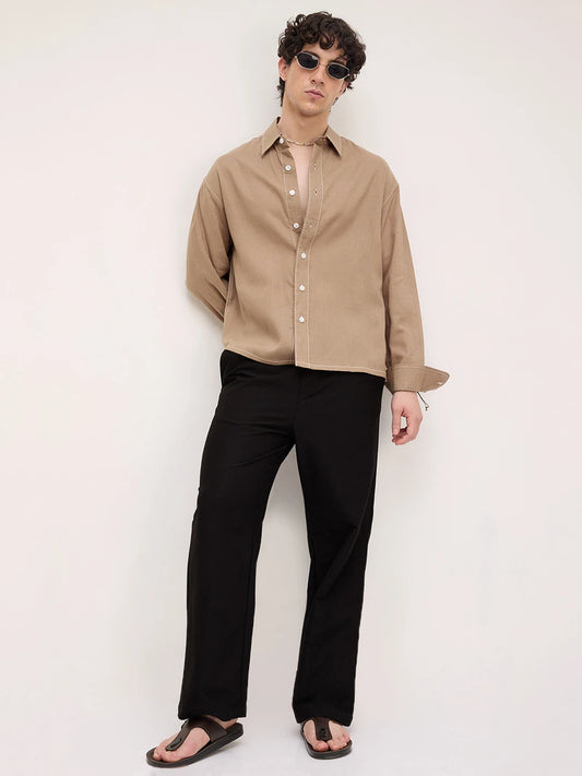 Black Diagonal Textured Knitted Straight Leg Trousers
