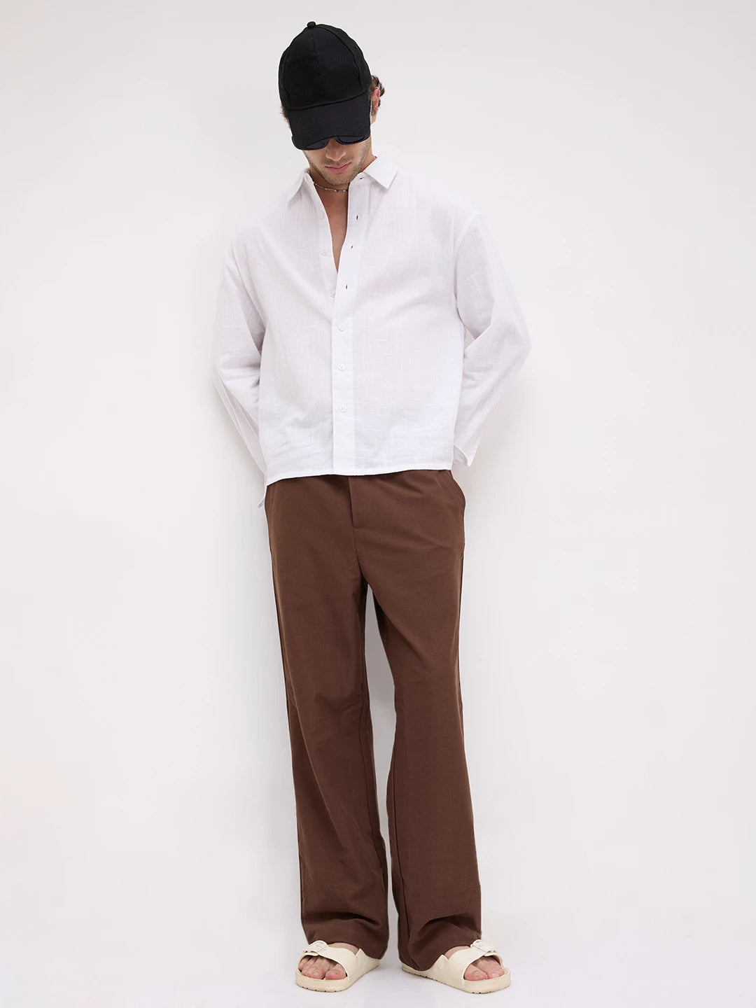 Chocolate Brown Diagonal Textured Knitted Straight Leg Trousers