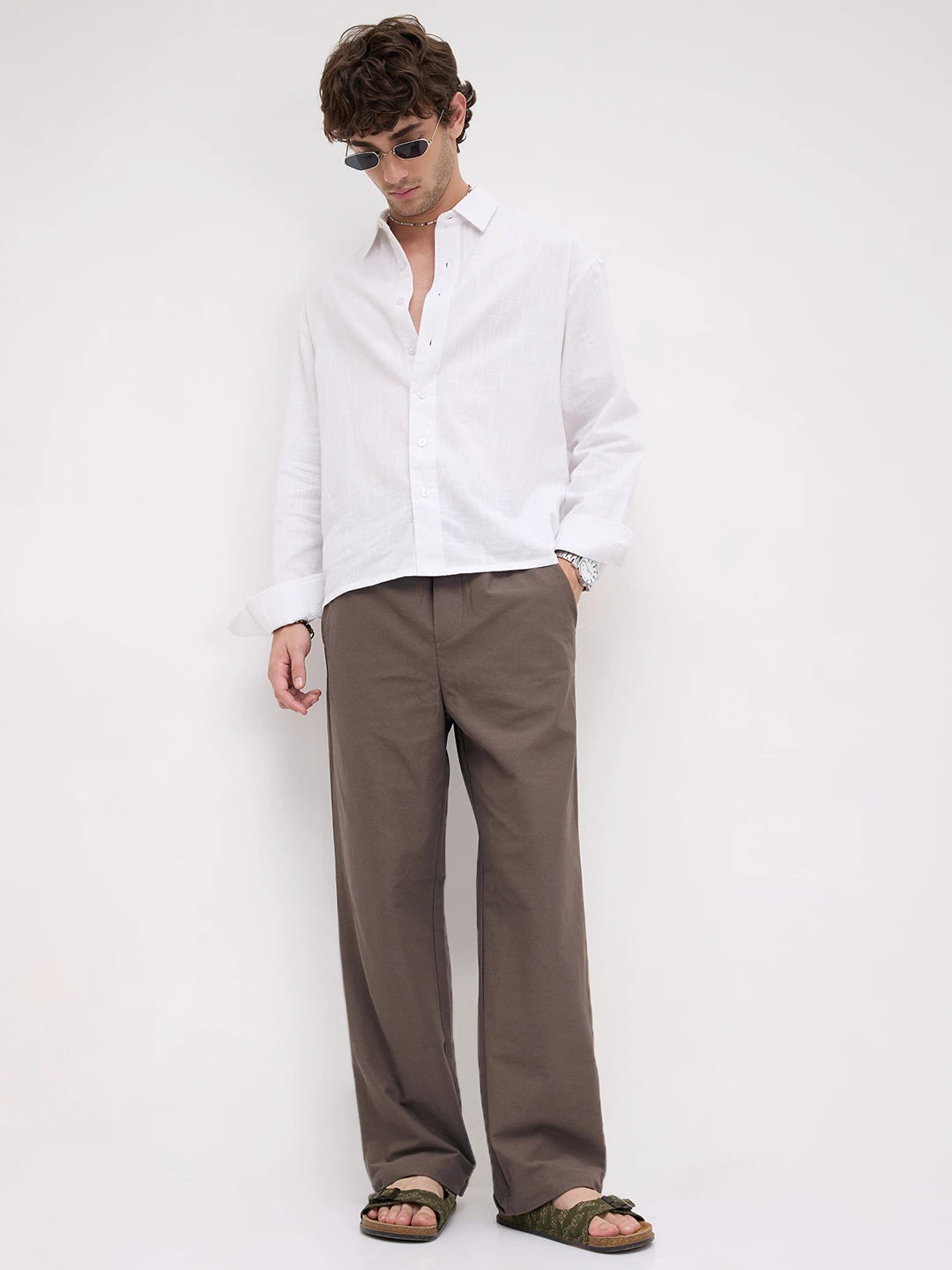 Espresso Brown Diagonal Textured Knitted Straight Fit Trousers