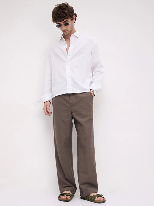 Espresso Brown Diagonal Textured Knitted Straight Fit Trousers