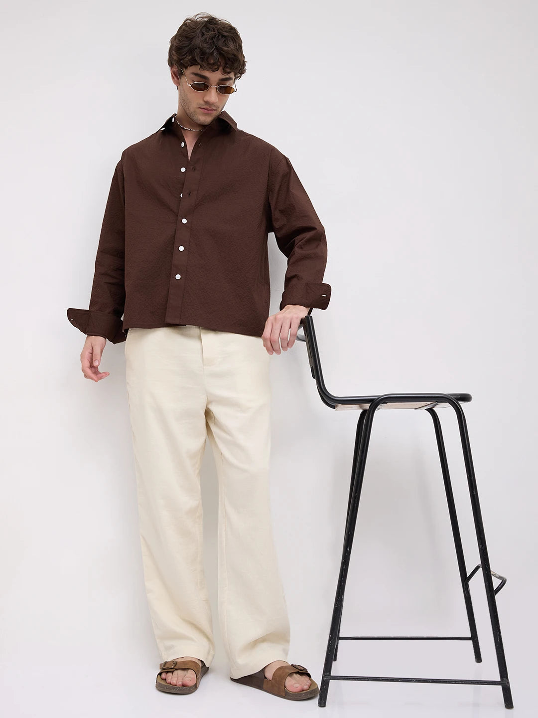 Cream Herringbone Textured Straight Fit Trousers