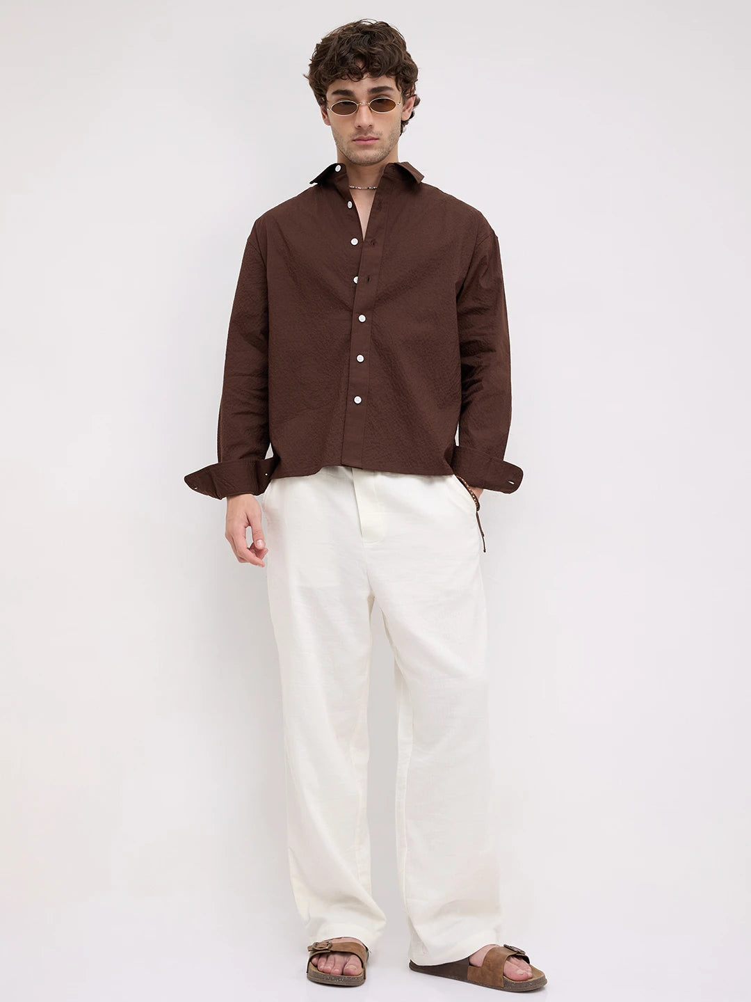 Pearl White Herringbone Textured Straight Fit Trousers