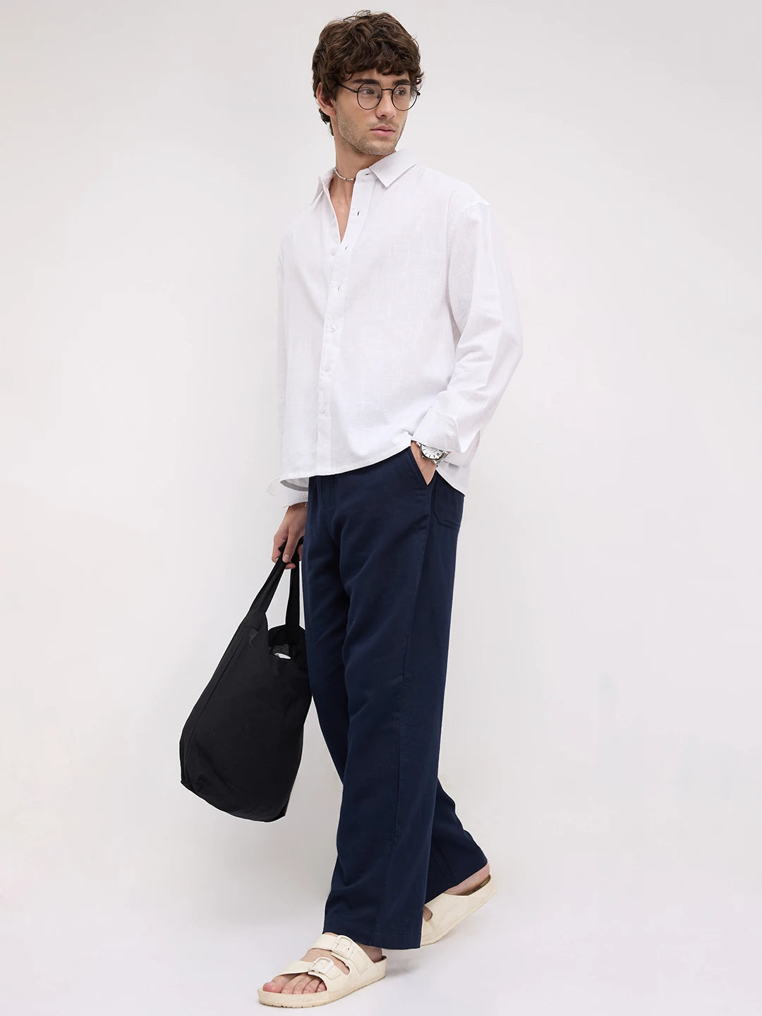 Navy Herringbone Textured Straight Fit Trousers