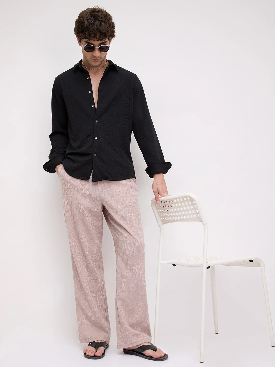 French Beige Seersucker Straight Fit Trousers