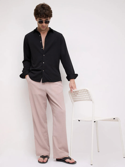 French Beige Seersucker Straight Fit Trousers