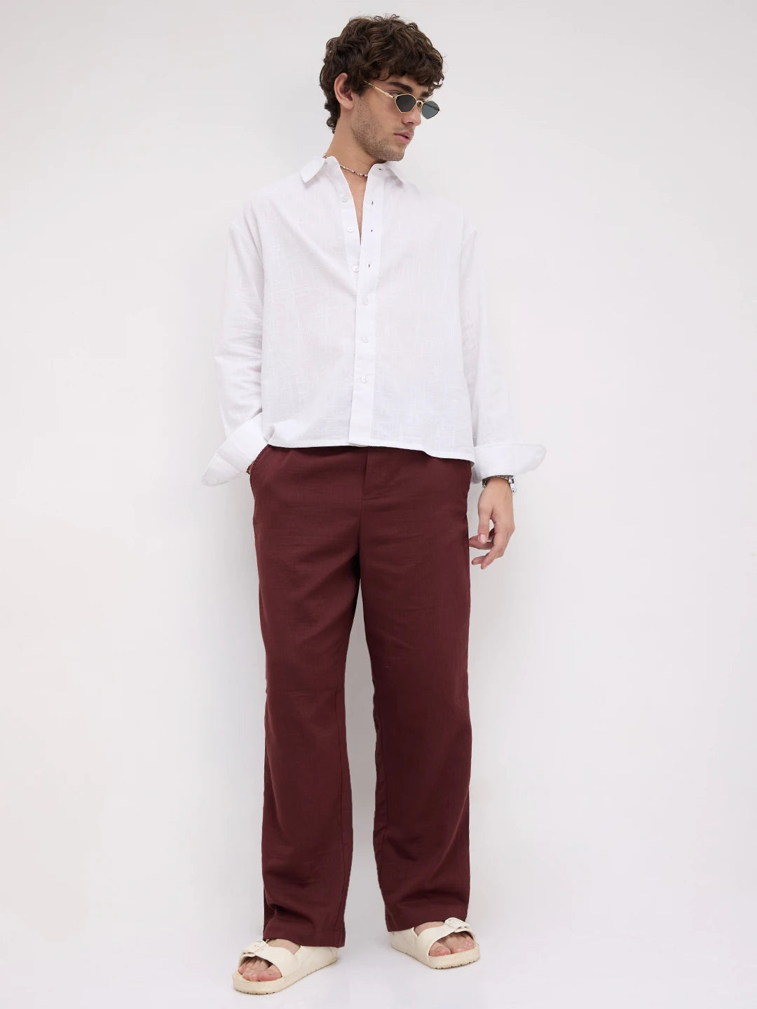 Maroon Herringbone Textured Straight Fit Trousers